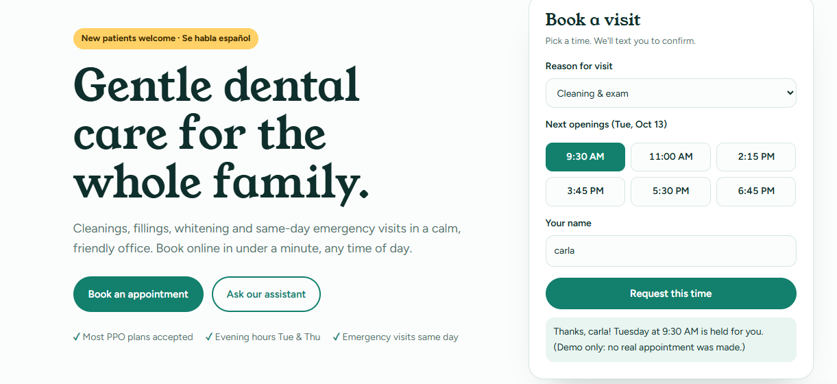 Palmera Family Dental homepage with an online booking form