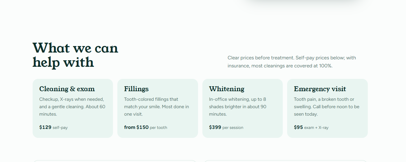 Services section with self-pay prices