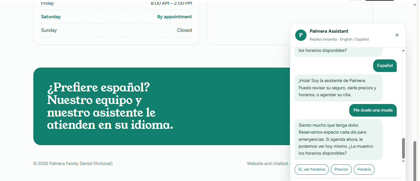Chat assistant answering in Spanish about tooth pain